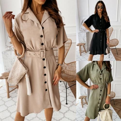 Womens Solid Midi Wrap Belted Dress Ladies Summer Holiday V Neck Party Prom Gown