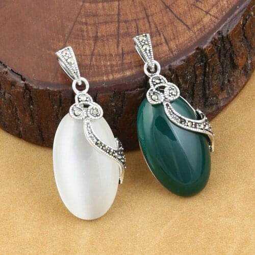 925 Sterling Silver Pendant Jewelry Retro Thai Silver Men And Women Marcasite Inlay Opal Couple Agate Pendant Accessories