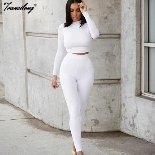 Casual High Waist White 2 Piece Pants Sets Womens Outfits Tight O Neck Tracksuit Long Sleeve Soild Summer Sewatsuit Dropshipping
