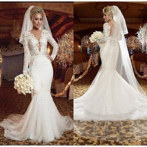 Sheer V-neck African Mermaid Wedding Dresses 2020 Sexy Long Sleeves Lace Arabic Bridal Gowns