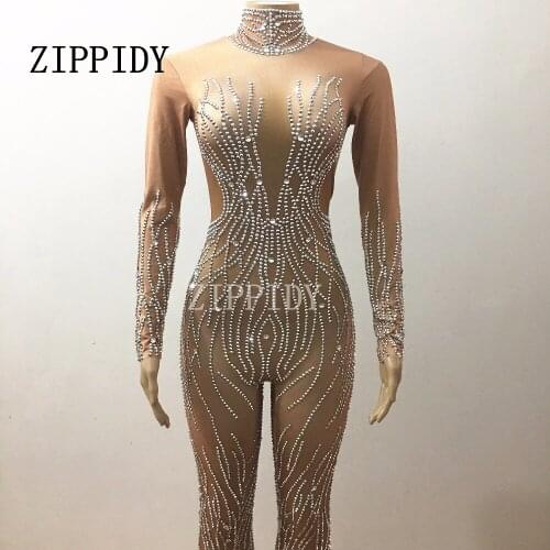 Glisten Silver Crystals Full Rhinestones Sexy Jumpsuit Evening Party Wear Dj Ds Costume Nightclub Prom Birthday Celebrate Outfit