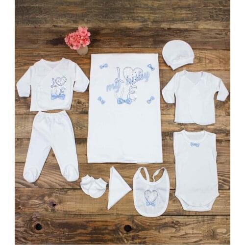 Blue Newborn Suit Boy Love My Baby Embroidery Clothing 10 Pcs Sets Cotton Boys Babies Jumpsuit Suit Toddler Clothes Outfit model
