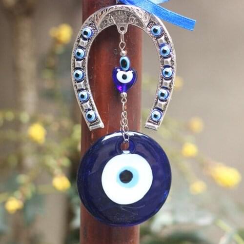Turkish Blue Evil Eye Horseshoe Decoration Wall Hanging Pendant Amulets Protection Key Ring Home Ornament Blessing Lucky