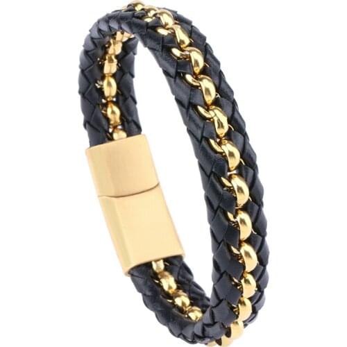 Vanbula Retro Punk Stainless Steel Square Pearl Chain Braided Leather Rope Charm Mens Bracelet Jewelry Holiday Gift Bracelet
