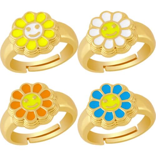 Korean Cute Color Flowers Smiley Face Enamel Finger Rings For Women Bohemia Style Simple Jewelry Accessori