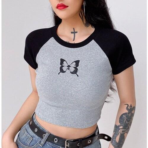 Stitching exposed navel slim T-shirt butterfly print contrast color sexy short coat women