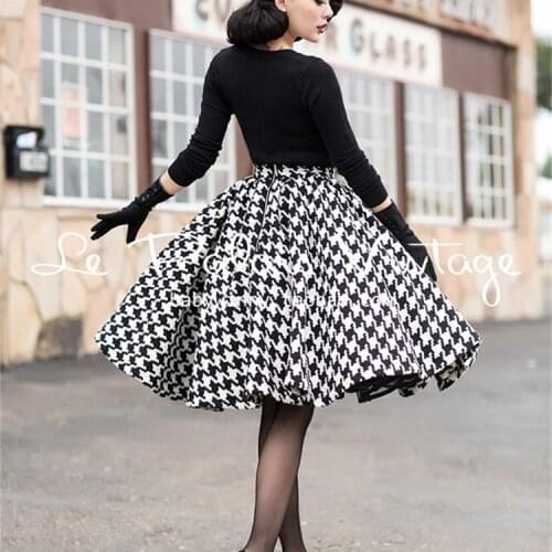 15- vintage winter women 50s houndstooth swing pleated wool skirt plus size saia rockabilly pinup faldas skirts