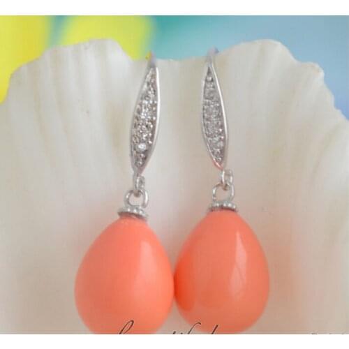 Womens Wedding shipping> >> 16MM DRIP PINK CORAL SOUTH SEA SHELL PEARL DANGLE EARRING JEWERLY real jewelry earrings