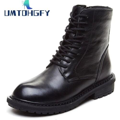 REVT Marten Boots For Women Ladies Genuine Leather Ankle Boots Shoes Winter Fur Lining Boots Female Motorcycle Flap Shoes Women