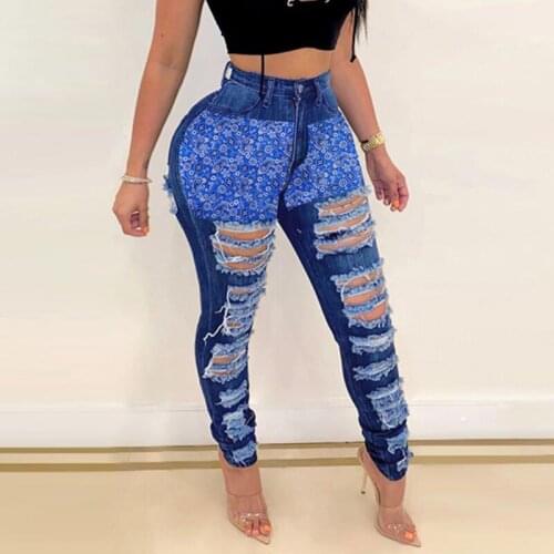 Print Patchwork Jeans Women 2021 Fashion Hollow Out Tassel Ripped High Waist Skinny Jeans Lady Sexy Destroyed Denim Pencil Pants