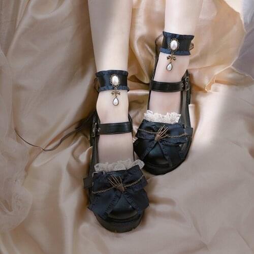 2021 New Dark Style Gothic Women Round Toe Shallow Mouth with Single Bow Thick-soled Mid-heel 3cm 5cm Casual Lolita Shoes