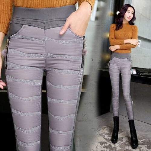Winter Women Slim Feet Pants Elastic Waist Thick Warm Leggings Down Cotton Pants Plus size Womens Trousers Cold Pencil Pants