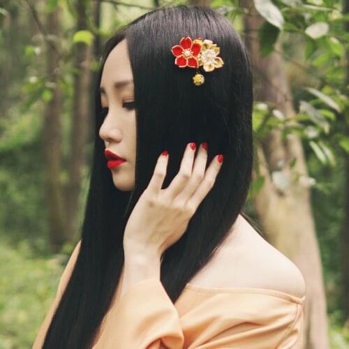 2018 Japanese style Vintage Floral hair accessories Pendant Red Gold Twin flowers bead Hair Jewelry