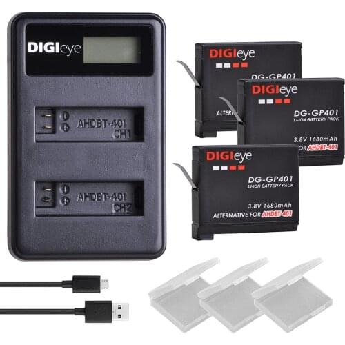 3Pcs Gopro Hero 4 Battery Replacement + LCD USB Charger for GoPro Hero 4 Black Hero 4 Sliver AHDBT-401 Action Camera Bateria