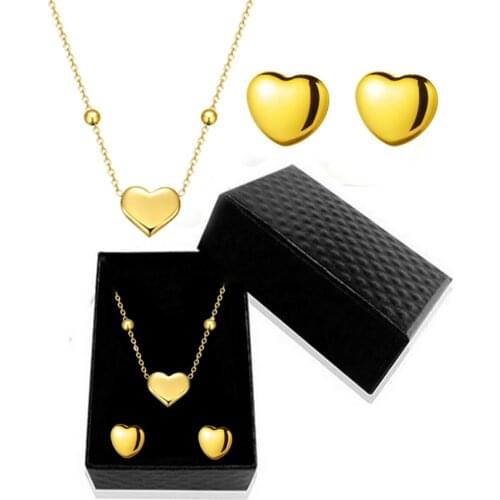 316L Stainless Steel Love Simple Titanium Steel Necklace and Earring Set Peach Heart Pendant Jewelry Set