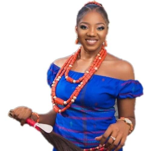 4UJewelry Nigerian Bridal Jewelry Set For Women Orange Nature Coral Beads Necklace Set 3 Layers Bracelet Earrings Birthday Gift