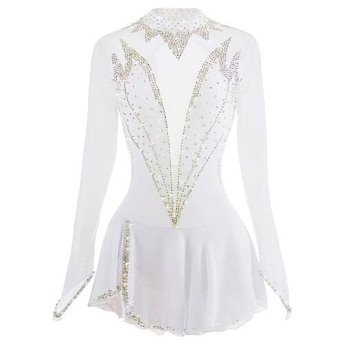 White Figure Skating Dress Long-Sleeved Ice Skating Skirt Spandex Made In China