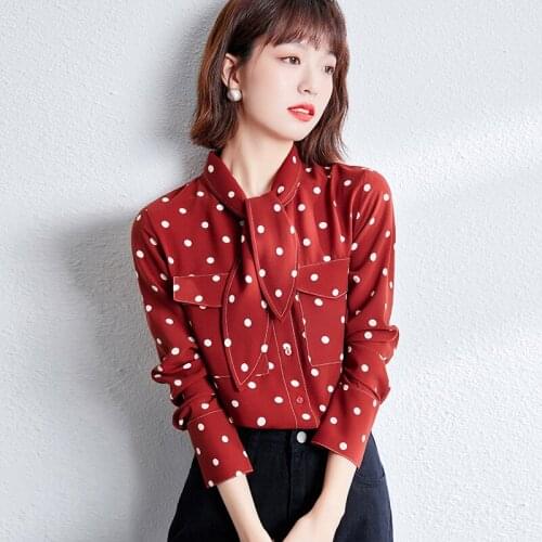 Spring New Shirts Women Dot Printed Long Sleeve Chiffon Tops Tees Korean Style LooseThin Blouse Female 2021 Autumn Pockets 1075