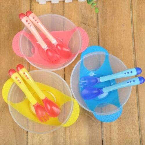 Baby Tableware Baby Learning Dish Bowl Spoon Fork 3pcs Set PP Temperature Sensing Baby Feeding Bowl Spoon