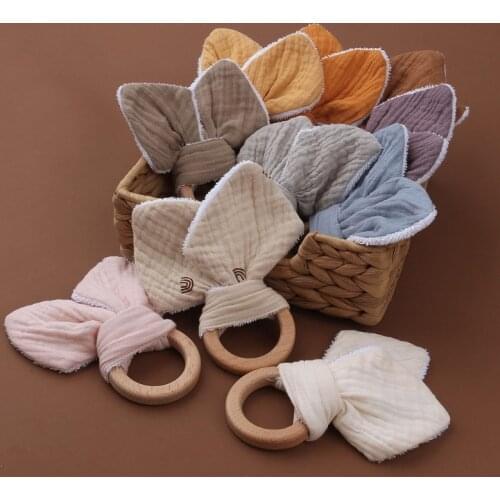 Baby Wooden Ring Teether Soft Cotton Rabbit Ear Comforting Toy Teething Sensory Rattle Shower Gift for Infants Newborn
