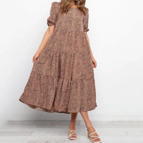 2021 Vintage Floral Printed Long Maxi Dress Leopard Large Hem Puff Short Sleeve O-neck Loose Midi Dress Sundress for Daily Wear