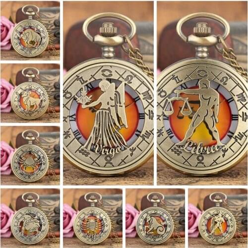 Retro Zodiac Pattern Pocket Watch Modern Necklace Chain Copper Twelve Constellation Pendant Birthday Clock Gifts for Men Women