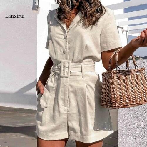 Elegant sash belt women playsuits Short sleeve buttons cotton linen female romper jumpsuit Spring summer ladies overalls