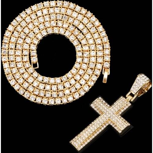 Iced Out Cross Necklace Silver Color Tennis Chain Choker for Women Bling Crystal Cross Necklace Statement Jewelry