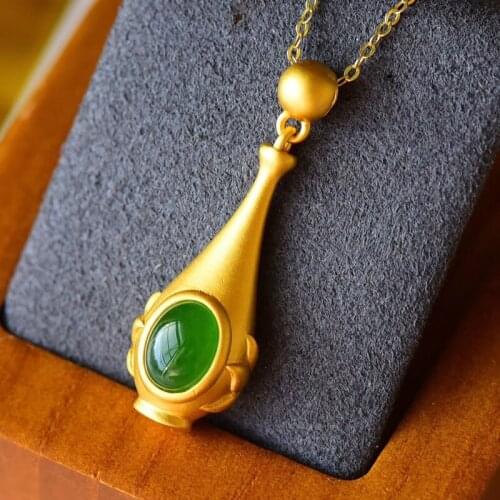 Chalcedony Vase Pendant Necklace Charm Jewelry Hetian Jade Agate 925 Silver Natural Carved Amulet Gifts for Her Women Green