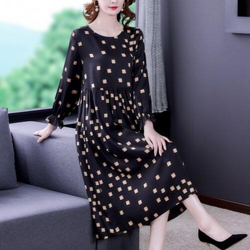 Women Black Print Mulberry Silk Satin Midi Dress Spring Autumn Loose Vintage Long Sleeve Dresses 2021 Office Lady Party Vestidos