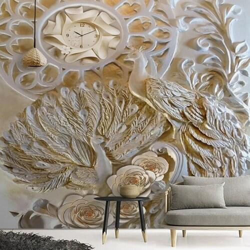 Custom Mural Wallpaper 3D Relief Peacock Clock Rose Flower Fresco Living Room TV Sofa Luxury Background Wall Mural 3D Home Decor