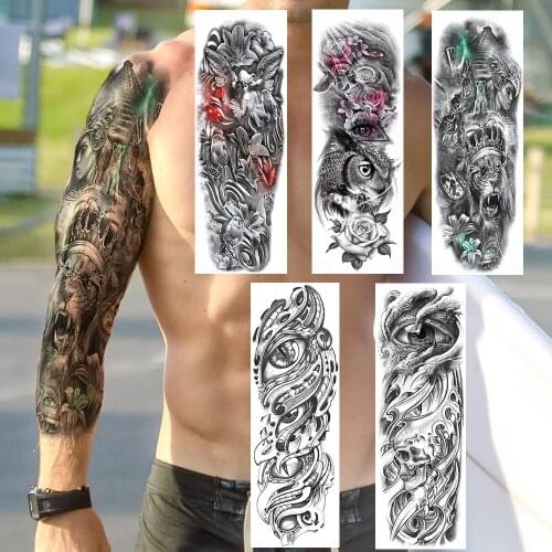 Rome Military Warrior Body Art Temporary Tattoos Realistic Fake Full Arm Eyes Lion King Sleeve Long Tatoos Sticker For Women Men