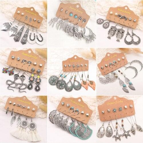 Six-piece Vintage Ethnic Style Earring 2020 Antique Silver Plated Alloy Owl Snake Leaf Moon Set Earrings For Women Boho Jewelry