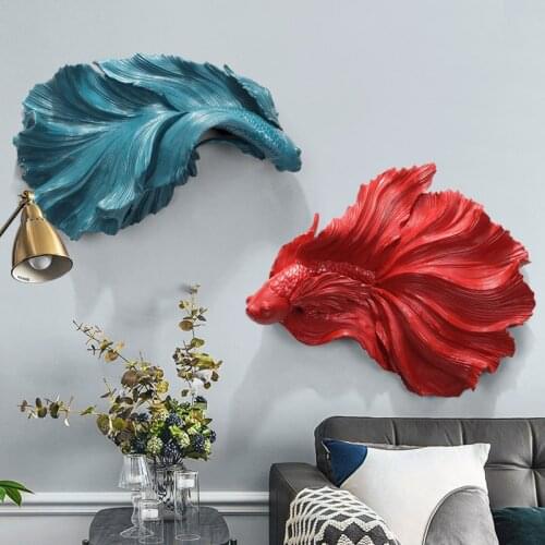Modern Luxury Red Blue Fish Resin Walls Mural Pendant Home Livingroom Wall Hanging Craft Hotel Office 3D Wall Sticker Decoration
