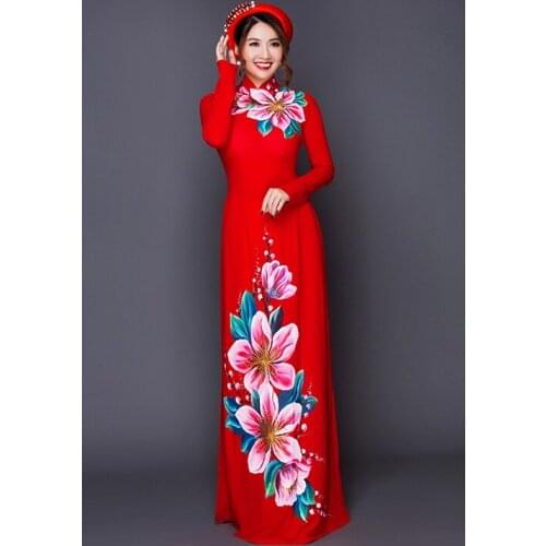 Hand-painted peony aodai vietnam clothing cheongsam aodai vietnam dress vietnamese traditionally dress long sleeves cheongsam