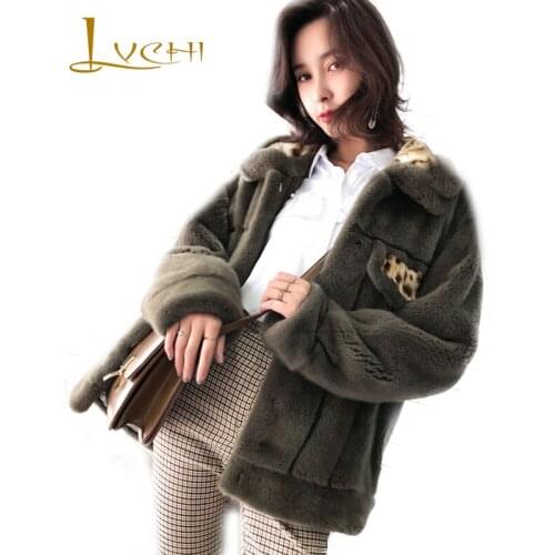 LVCHI 2019 Winter Mink Fur Coat Real Fur Coat Women Leopard Collar Pocket Turn-Down Collar Loss Full Sleeve Short Mink Fur Coats