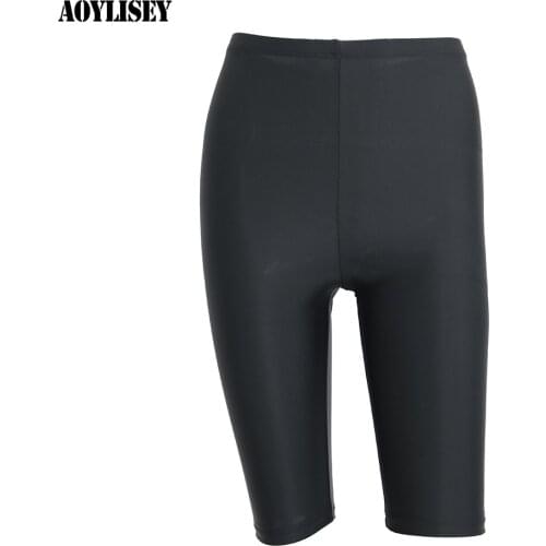 AOYLISEY Women Black Knee-Length Mid Waisted Leggings Skinny Plus Size Spandex Elastic Fitness Leisure Spring Leggings