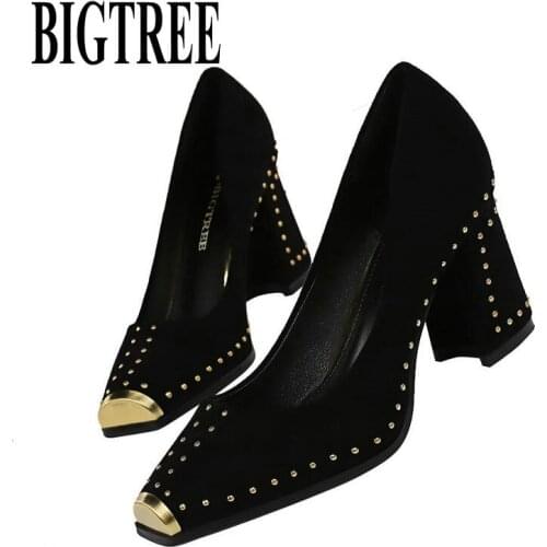 BIGTREE 2019 New Women Classic Pumps Point Toe Rivets 7.5CM Square Black High Heel Working Dress Office Evening Blue Shoes Woman