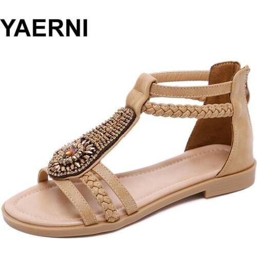YAERNI New Summer sandals women peep-toe sandalias flat Shoes Roman sandals shoes woman mujer Ladies Beaded Flip Flops Footwear