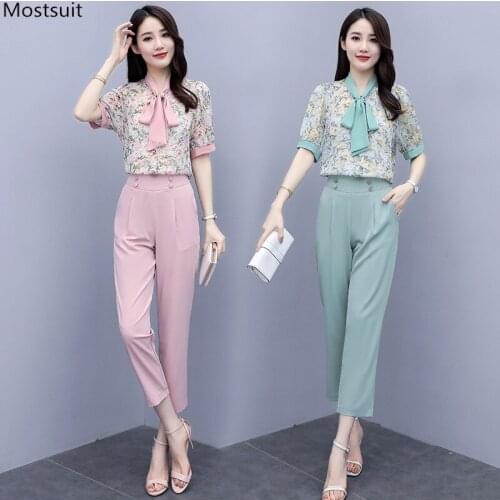 Summer Elegant Plus Size Chiffon 2 Piece Set Women Fashion Floral Lace Up Blouse Shirt Tops + Pencil Pants Outfits Tracksuit