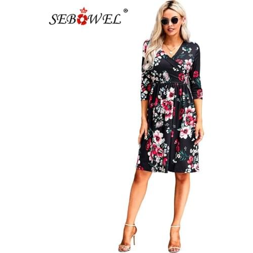 SEBOWEL Womens Floral Flower Wrapped Dress V-neck Three Quarter Sleeve Knee-length Female Dresses High Waist Autumn Summer S-XL