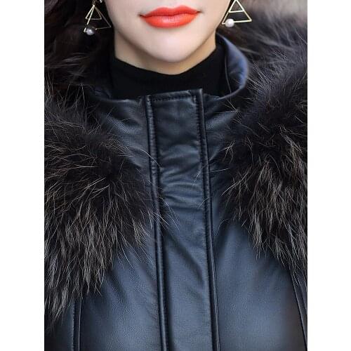 2020 Leather Jacket Winter Coat Women Raccoon Fur Collar Down Jacket Women Real Sheepskin Coat Warm Long Jackets MY4455