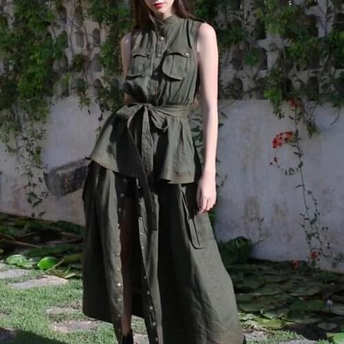 2021 Fashion Designer Vintage Dress Women Solid Sleeveless Pockets Single Breasted High Street Elegant Dresses