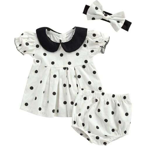 3Pcs Baby Summer Tracksuit Polka Dot Peter Pan Collar Blouse + Pantie + Bowknot Hairband for Toddler Girls 0-24 Months