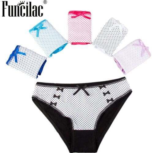FUNCILAC Sexy Women Underwear Cute Polka Dots Panties Cotton Briefs Underpants Female Ladies Knickers Lingerie 5pcs/lot