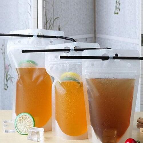 500pcs/lot 3 Size Plastic Drink Packaging Bag Pouch for Beverage Juice Milk Coffee with Handle and Holes for Straw