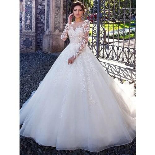 Ball Gown Wedding Dresses Lace Tulle Round Neck Court Train Long Sleeve with Appliques Bridal Dress 2020