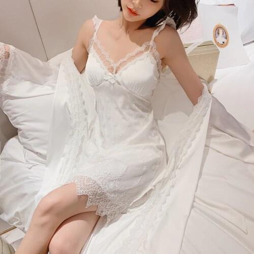 White Full Slip Lace Robe Set Women Silk Bride Bridesmaid Wedding Dressing Gown Sleepwear Sexy Palace Princess Nightwear Pajama