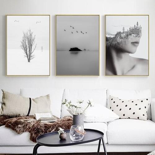 Black White Landscape Wall Art Canvas Painting Abstract Girl Nordic Posters and prints Wall Pictures for Living Room Home Decor