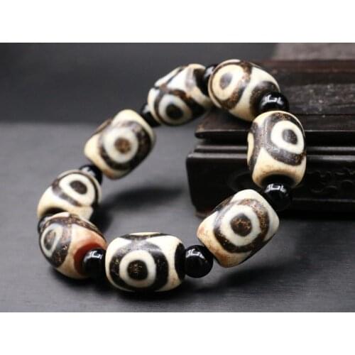 Energy Power Tibetan Old Agate 3 Eye Tiger Tooth dZi Bead Large BRACELET 133G 5A